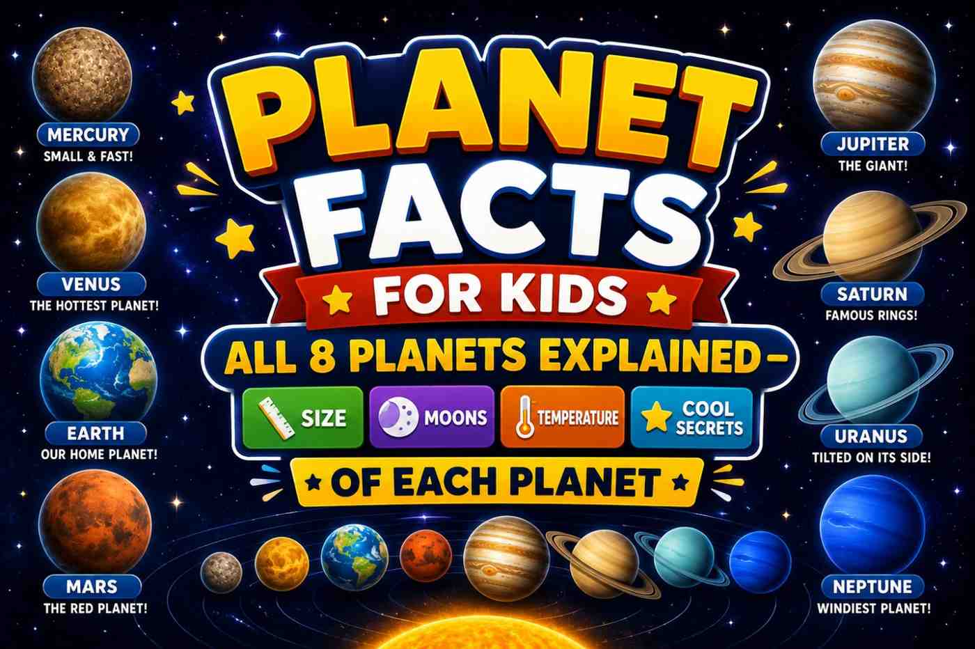 Planet Facts for Kids All 8 Planets Explained — Size, Moons, Temperature & Cool Secrets of Each Planet